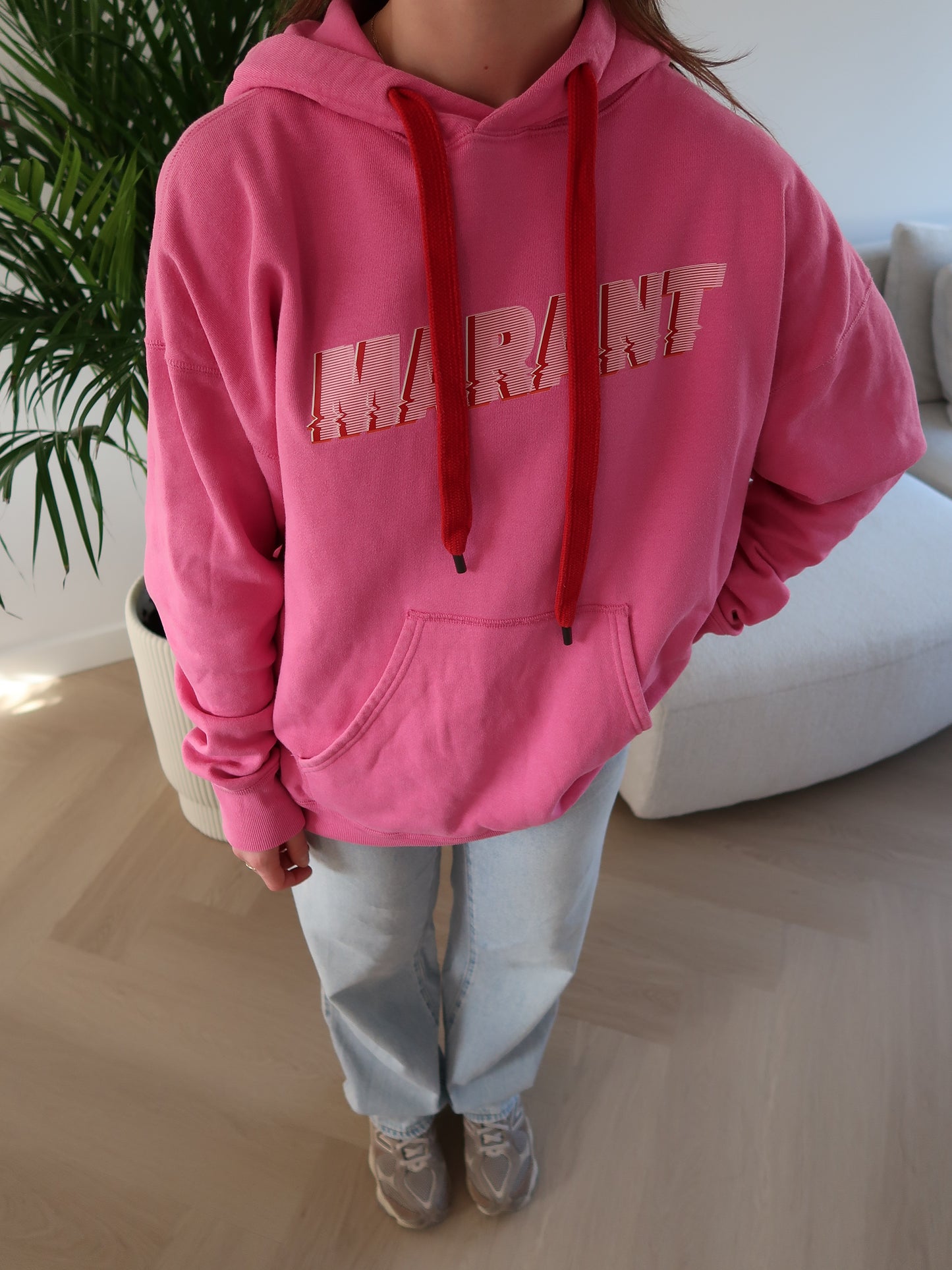 Vintage Isabel Marant oversized hoodie roze rode touwtjes geprint logo maat S | e4vintage
